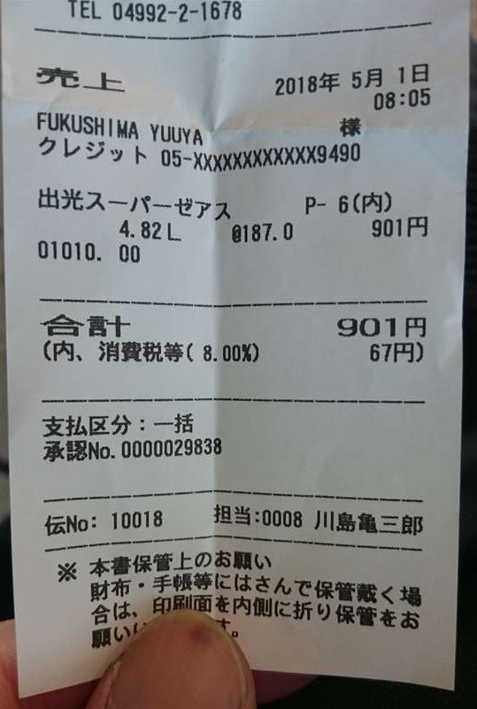 ガソリンスタンドのレシート